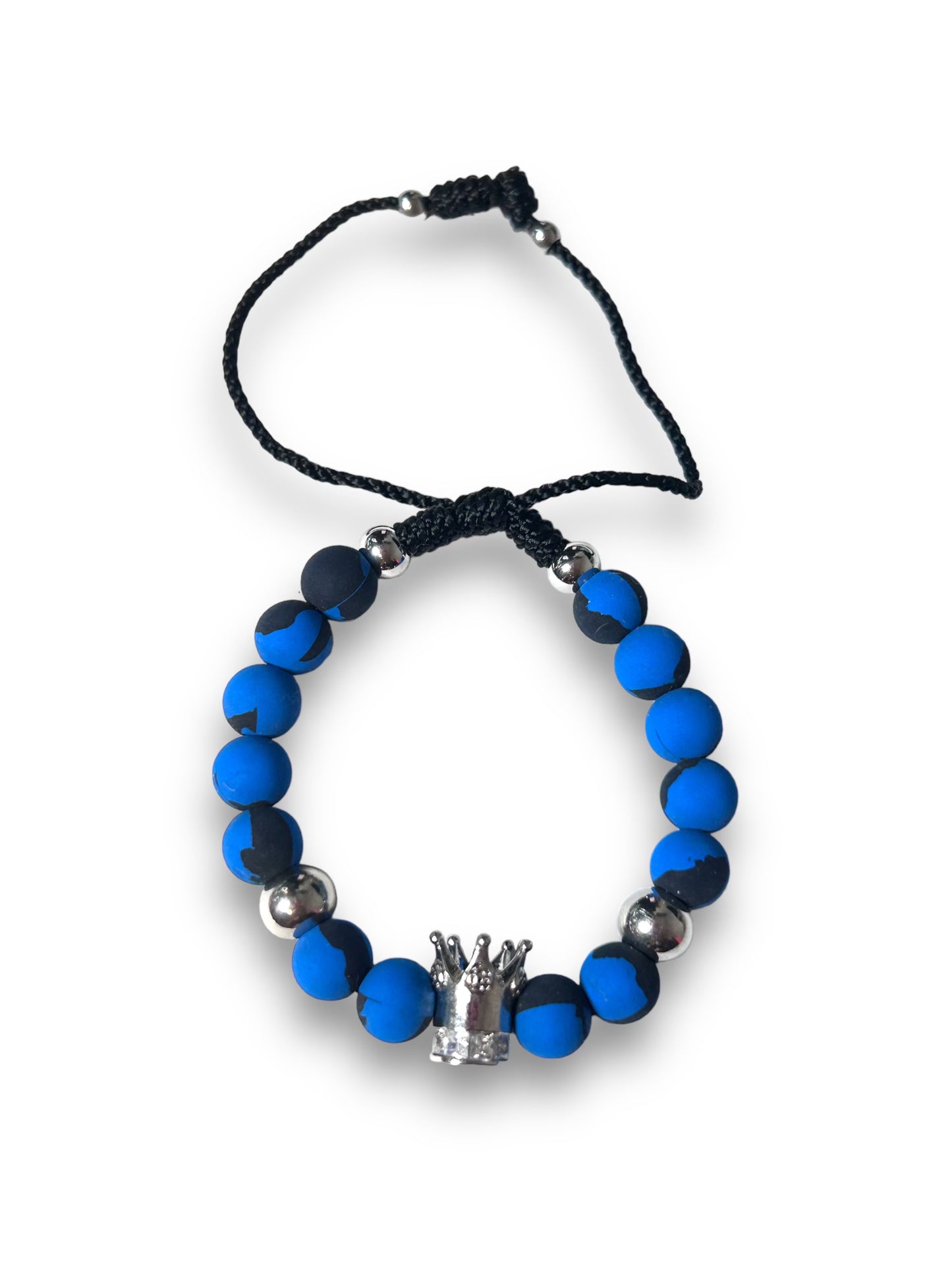 Silver Crown Bracelet with Blue and Black Beads - A Royal and Stylish Piece of Jewelry
