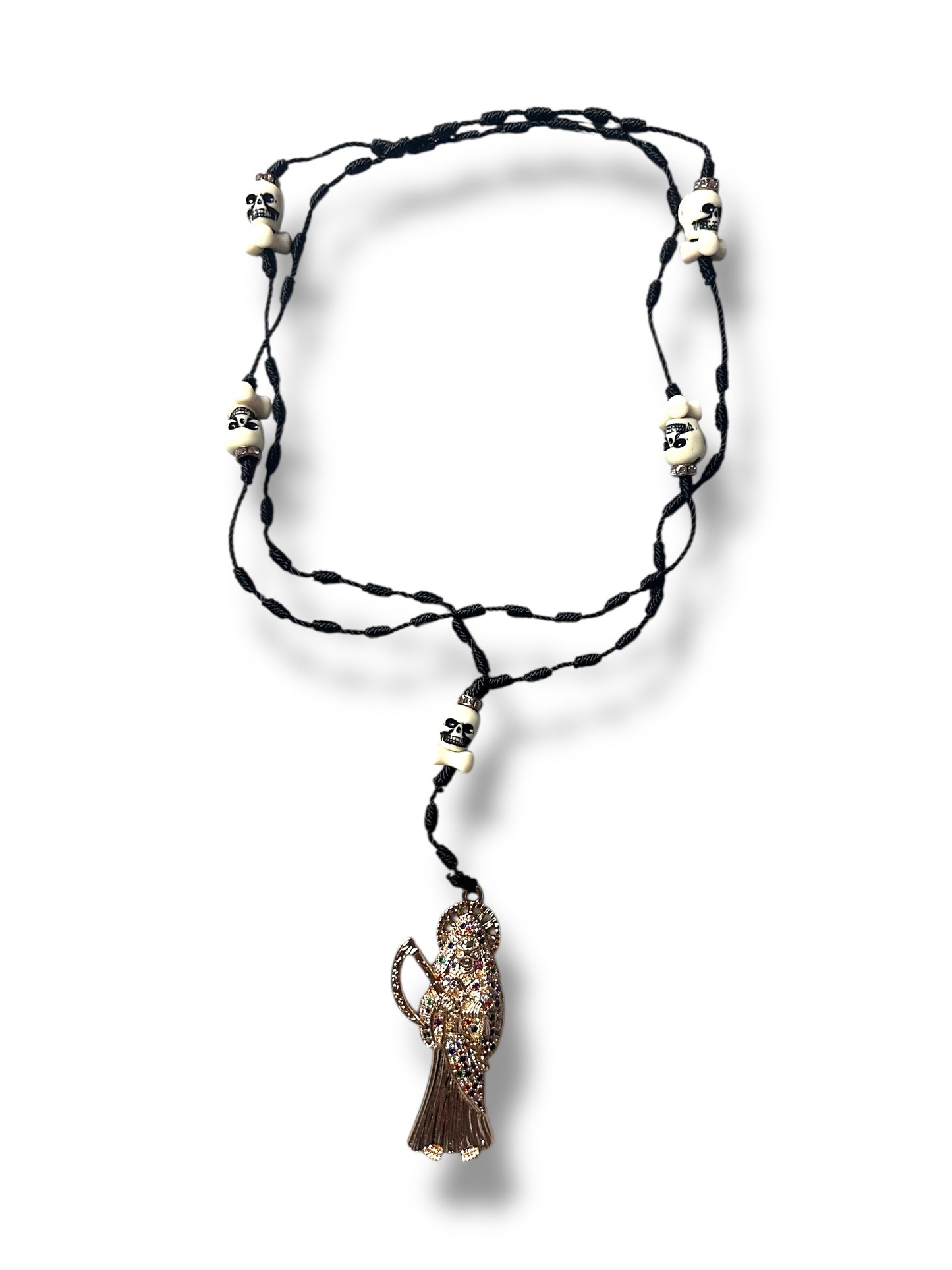 Shadow Santa Muerte Rosary – Black & Gold Protection