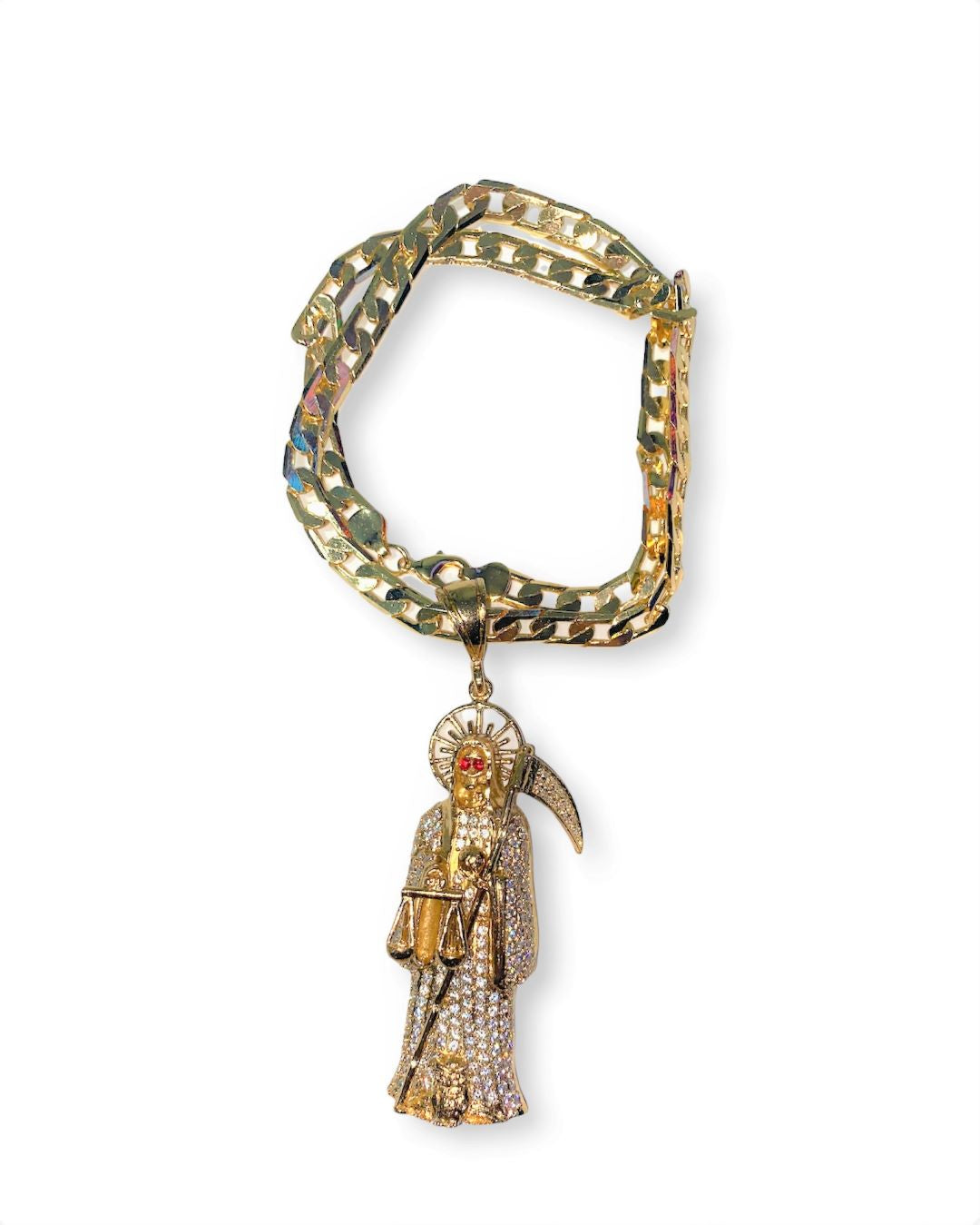 Red Crystal Purl Eye Gold Filled Santa Muerte